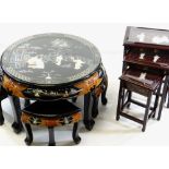 TWO SETS OF MODERN CHINESE LACQUER OCCASIONAL TABLES, with inlaid figure decoration, including a