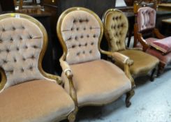 THREE VICTORIAN-STYLE STAINED BEECH BALLOON BACK NURSING CHAIRS and a late Victorian walnut chair