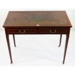 GOOD EDWARDIAN MAHOGANY & SATINWOOD CROSSBANDED WRITING TABLE, leather inset top, two frieze