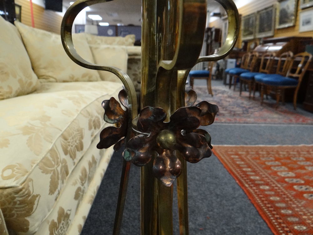 ARTS & CRAFTS BRASS AND COPPER STANDARD OIL LAMP, with foliate decorated tripod base and column, - Image 6 of 20