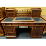 VICTORIAN MAHOGANY PEDESTAL DESK, upper section with banks of drawers joined by later gallery and