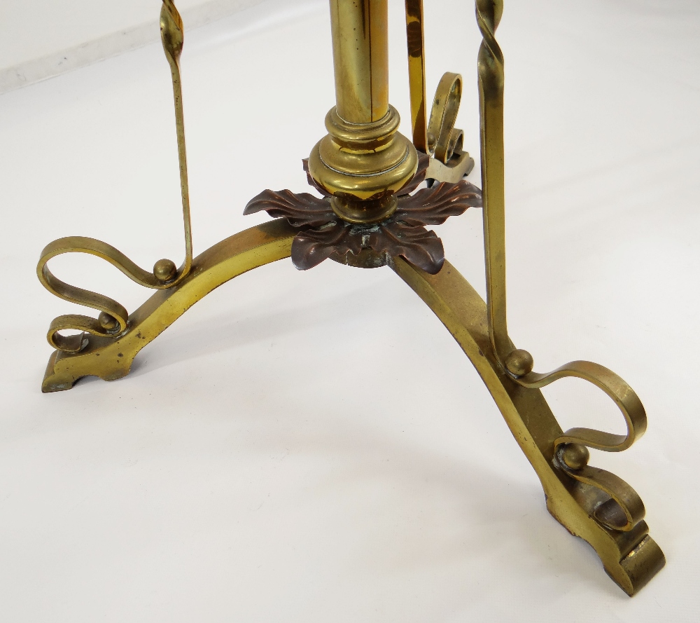 ARTS & CRAFTS BRASS AND COPPER STANDARD OIL LAMP, with foliate decorated tripod base and column, - Image 4 of 20