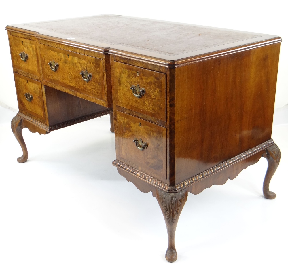 GEORGE II-STYLE BURR WALNUT & MAHOGANY CROSSBANDED KNEEHOLE DESK, red leather inset top above - Image 3 of 3