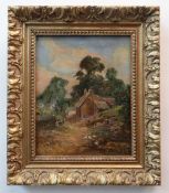 19TH CENTURY ENGLISH SCHOOL oil on canvas - country cottage with ducks, 23 x 18cms COLLECTING