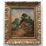 19TH CENTURY ENGLISH SCHOOL oil on canvas - country cottage with ducks, 23 x 18cms COLLECTING