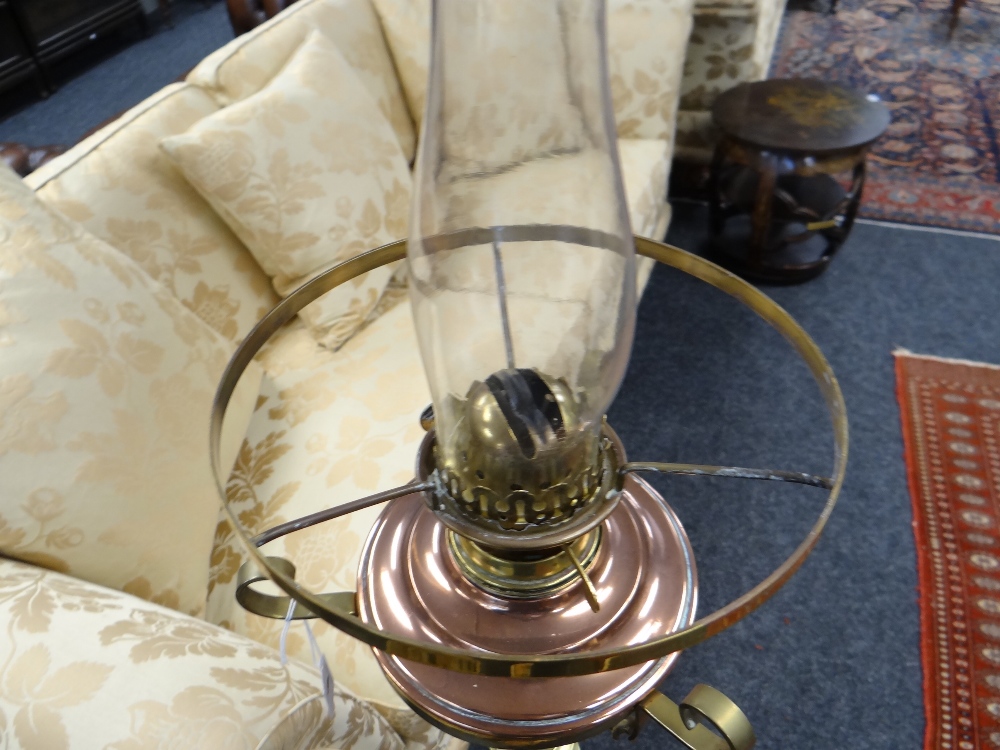 ARTS & CRAFTS BRASS AND COPPER STANDARD OIL LAMP, with foliate decorated tripod base and column, - Image 18 of 20