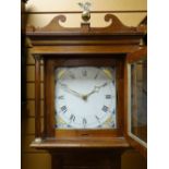 EARLY 19TH CENTURY MAHOGANY 30-HOUR LONGCASE CLOCK, square hood with scrolled pediment and brass