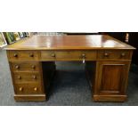 VICTORIAN-STYLE MAHOGANY PARTNERS DESK, red tooled leather inset moulded top above an arrangement of