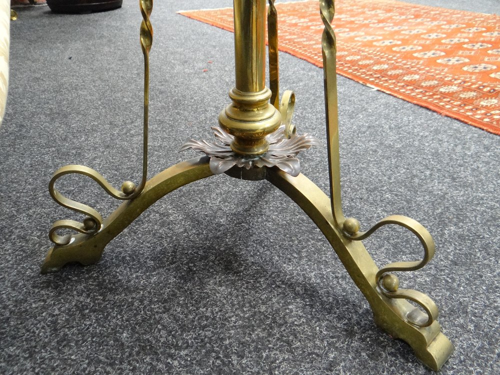 ARTS & CRAFTS BRASS AND COPPER STANDARD OIL LAMP, with foliate decorated tripod base and column, - Image 20 of 20