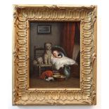 19TH CENTURY ENGLISH SCHOOL oil on canvas - The Loyal Sentinel, a dog on a chair beside a sleeping