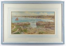 DOUGLAS HOUZEN PINDER (1886-1949) watercolour - Newquay Harbour, signed, 20 x 37cms COLLECTING ITEMS