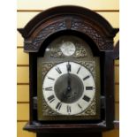 20TH CENTURY GERMAN QUARTER CHIMING LONGCASE CLOCK, break arch hood with slivered roman chapter ring