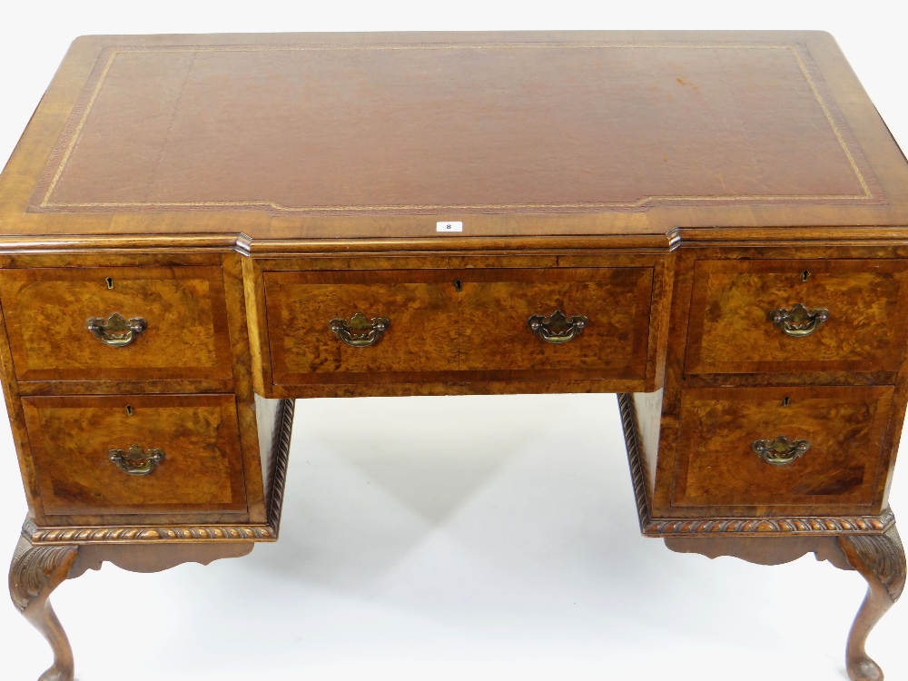 GEORGE II-STYLE BURR WALNUT & MAHOGANY CROSSBANDED KNEEHOLE DESK, red leather inset top above - Image 2 of 3