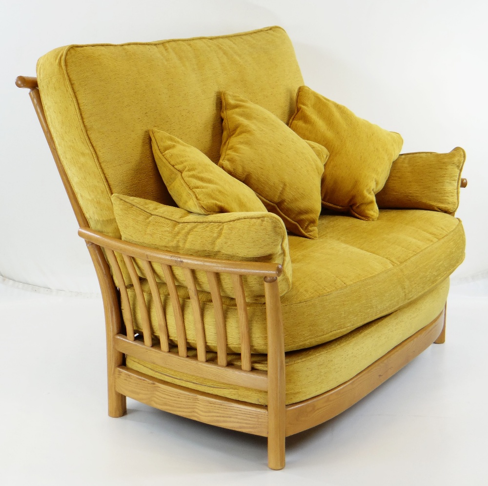 ERCOL LIGHT ELM 'RENAISSANCE' SUITE, comprising two seater settee 132cms wide, armchair and stool, - Image 3 of 18