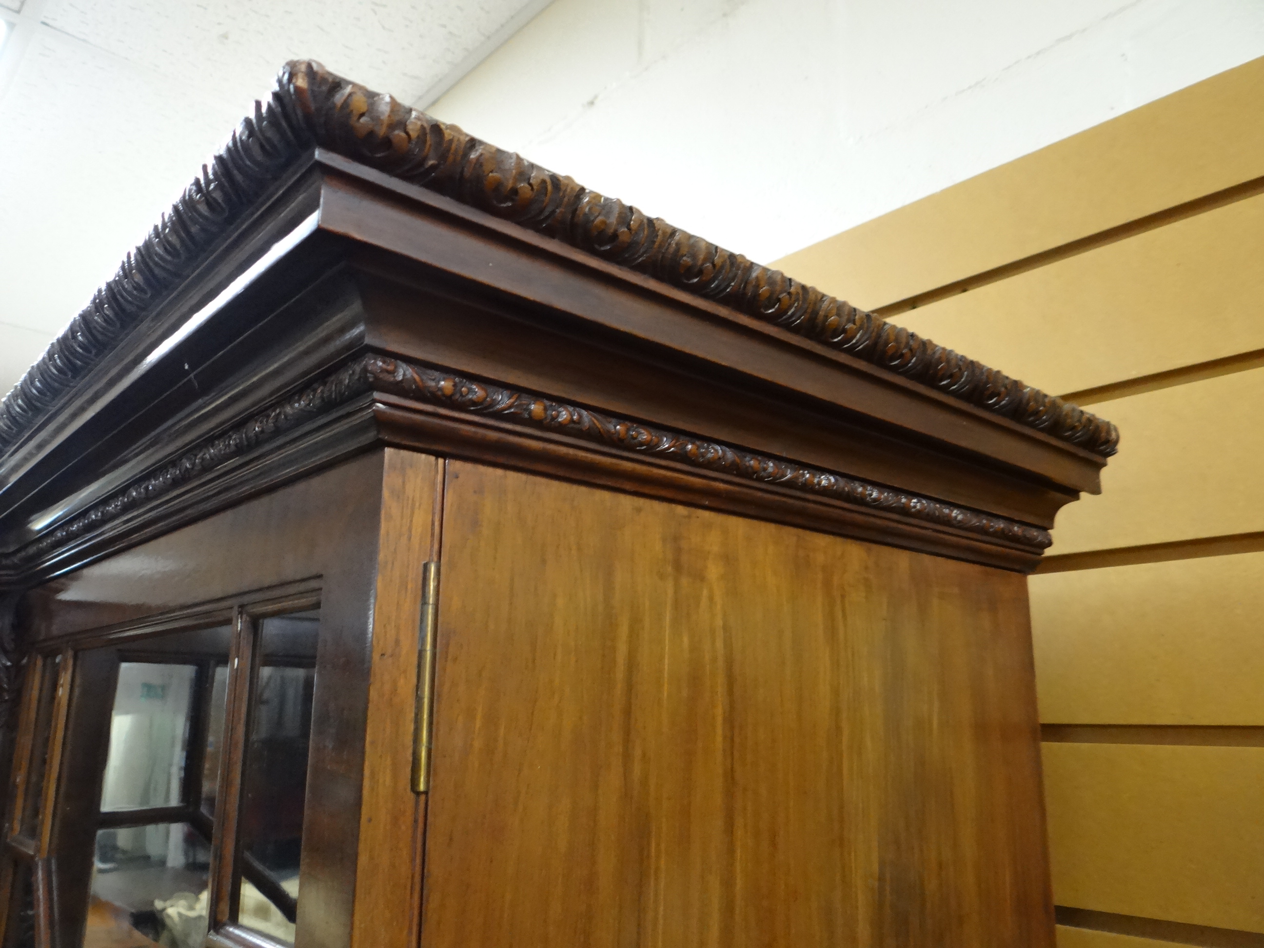 FINE WARING & GILLOW MAHOGANY BREAKFRONT BOOKCASE, foliate carved cavetto cornice above astragal - Image 30 of 31