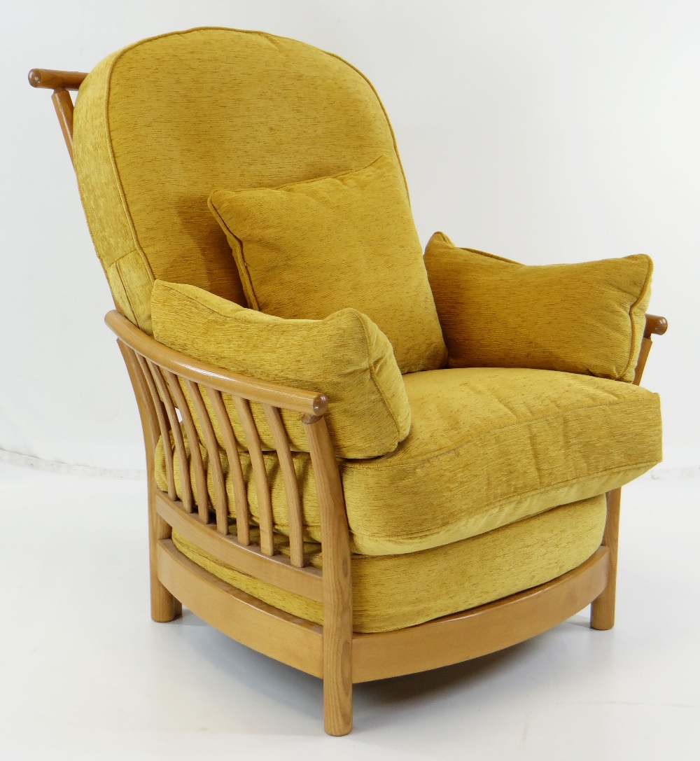 ERCOL LIGHT ELM 'RENAISSANCE' SUITE, comprising two seater settee 132cms wide, armchair and stool, - Image 5 of 18