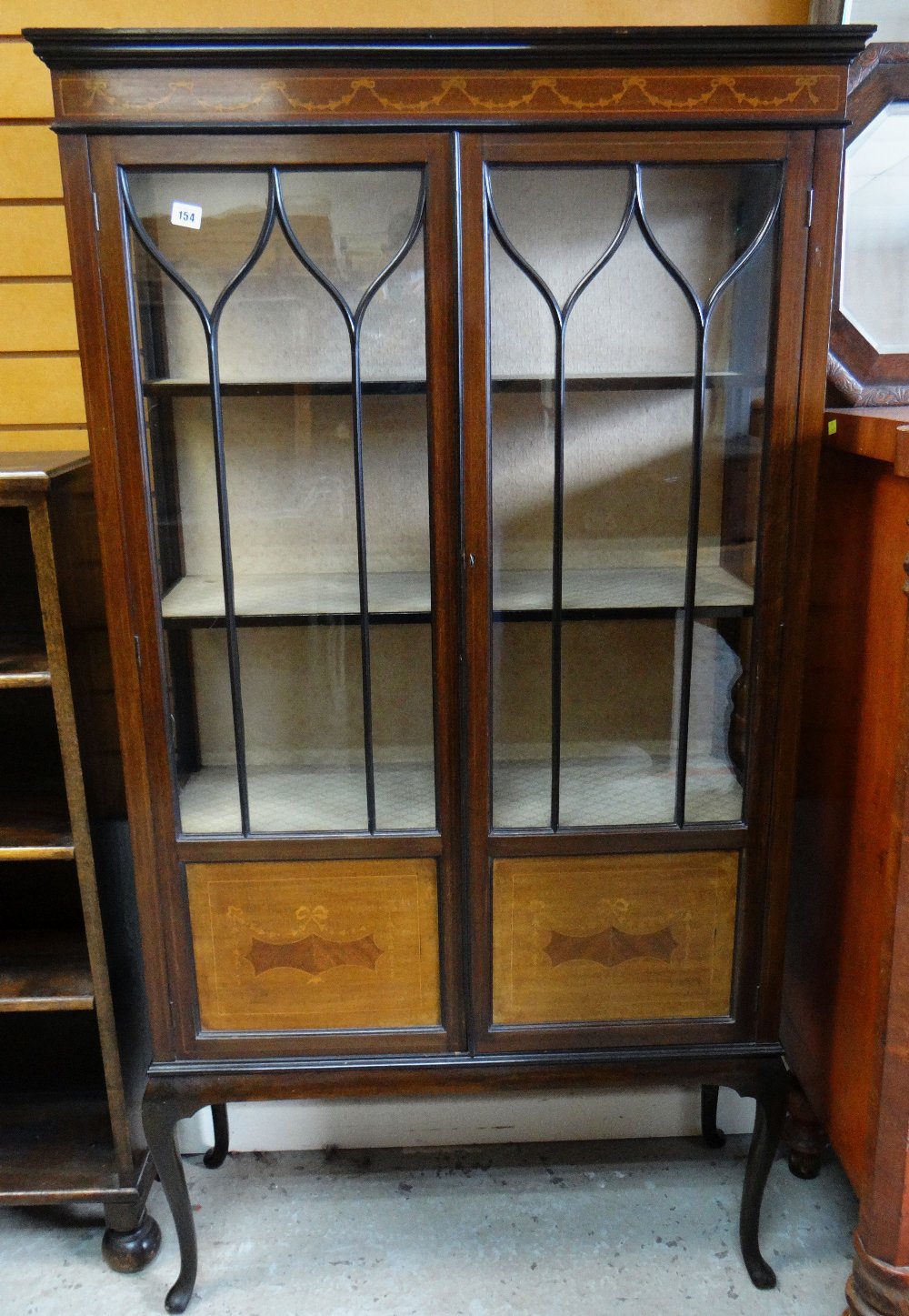 EDWARDIAN MAHOGANY & MARQUETRY DISPLAY CABINET with inlaid frieze, astragal glazed and marquetry