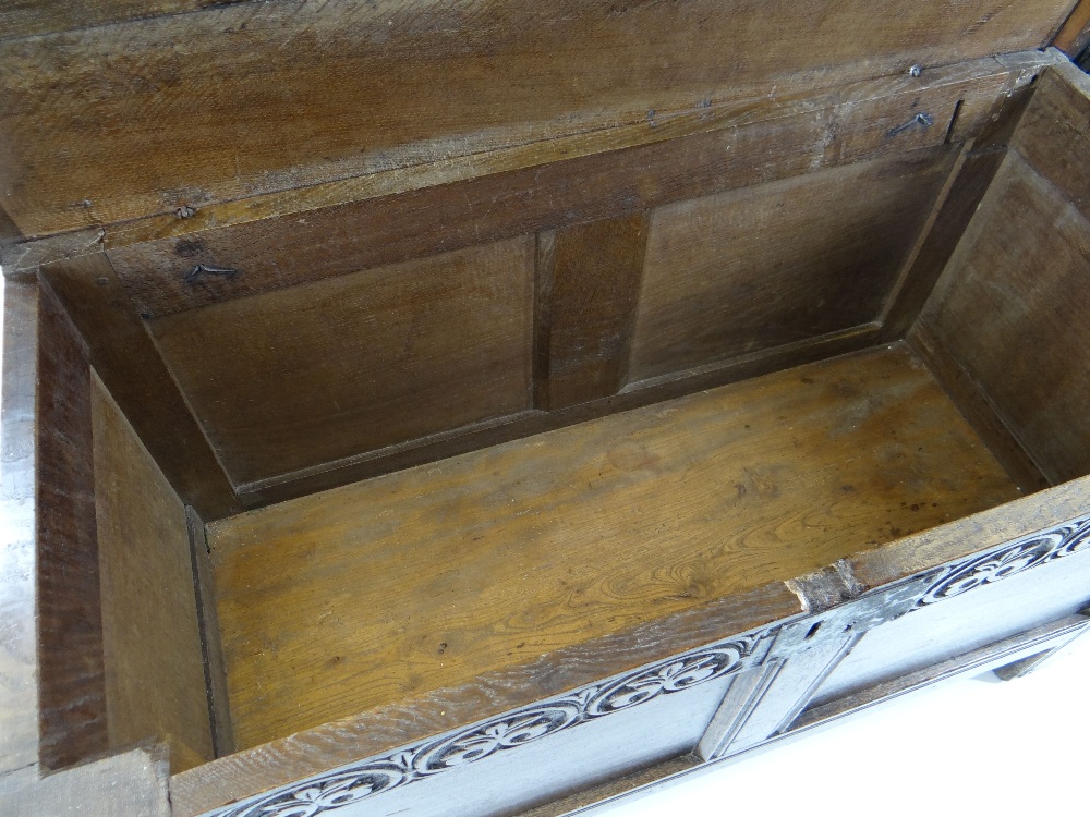 SMALL 17TH CENTURY JOINED OAK COFFER, boarded top with zigzag and dot motif to the scalloped edge, - Image 2 of 16