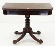 LATE REGENCY MAHOGANY TEA TABLE, triple reeded foldover top above plain frieze and ring turned