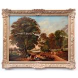 20TH CENTURY SCHOOL oil on canvas - 19th Century figures conversing in a wooded landscape with