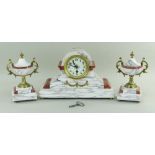 20TH CENTURY FRENCH-STYLE MARBLE MANTEL CLOCK GARNITURE, 23cms high (3) COLLECTING ITEMS STRICTLY BY