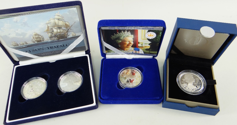 THREE ROYAL MINT SILVER PROOF CASED COINS, including 200th Anniversary Nelson - Trafalgar piedfort