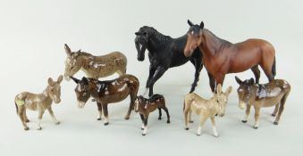 GROUP OF EIGHT BESWICK POTTERY ANIMALS comprising five gloss donkeys, together with two matt