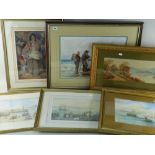 SIX VARIOUS LATE 19TH CENTURY WATERCOLOURS including a beach scene with two fisherman by an