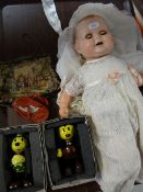 VINTAGE COMPOSITION HEAD BABY DOLL, together with two modern reproduction toys Japanese clockwork of