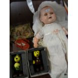 VINTAGE COMPOSITION HEAD BABY DOLL, together with two modern reproduction toys Japanese clockwork of