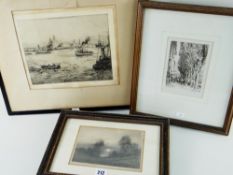 THREE BLACK & WHITE ETCHINGS comprising 'A Tuscan Farm' by Muirhead Bone, signed in pencil and