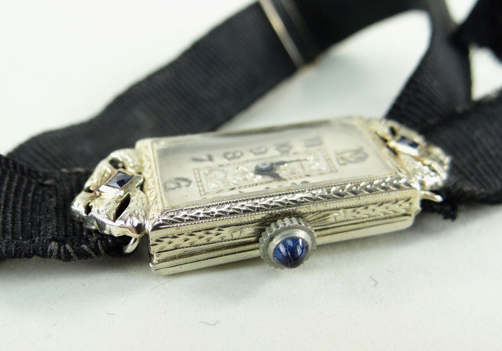 ART DECO 18K WHITE GOLD AND SAPPHIRE GOTHIC WATCH CO. LADIES COCKTAIL WATCH, c. 1910, frosted - Image 3 of 4