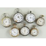 SEVEN VARIOUS LADIES SWISS FOB WATCHES, six in engraved silver cases, one gold plated and signed