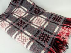 TRADITIONAL WELSH WOOLLEN TAPESTRY BLANKET, woven in cream, charcoal and two red fringed borders,