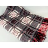 TRADITIONAL WELSH WOOLLEN TAPESTRY BLANKET, woven in cream, charcoal and two red fringed borders,