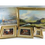 FIVE PICTURES including Highland landscape oil on canvas, small portrait Neapolitan School