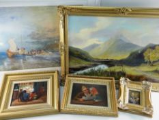 FIVE PICTURES including Highland landscape oil on canvas, small portrait Neapolitan School