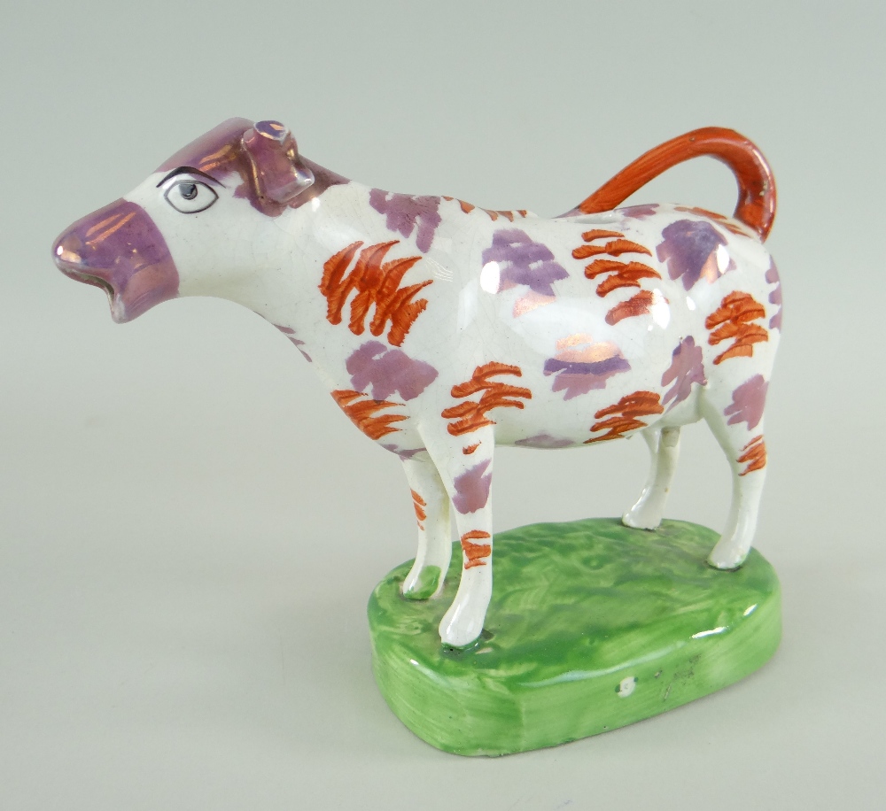 SWANSEA CAMBRIAN POTTERY COW CREAMER, iron red and pink lustre splashed decoration with black detail