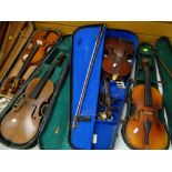 FOUR VARIOUS STUDENTS VIOLINS, in carry cases (all with condition issues) (4)
