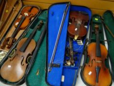 FOUR VARIOUS STUDENTS VIOLINS, in carry cases (all with condition issues) (4)