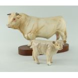 BESWICK POTTERY CONNOISSEUR CHAROLAIS BULL, matt on plinth with label, 15cms high, with gloss