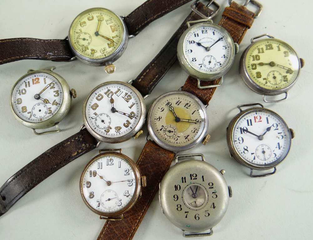 NINE VARIOUS WWI & OTHER WRISTWATCHES, including steel, silver and gold plated cases, all with