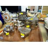 ASSORTED ELECTROPLATED WARES including three tea canisters, christening mug, biscuit box, coffee pot