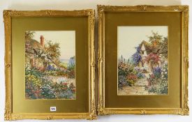 JOSEPH HALFORD ROSS watercolours, a pair - thatched cottages with summer flowers, signed, 37 x 27cms