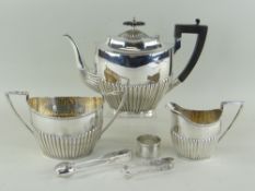 LATE VICTORIAN SILVER THREE-PIECE TEA SET, TWO SUGAR NIPS and NAPKIN RING, Sheffield 1889 by