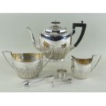 LATE VICTORIAN SILVER THREE-PIECE TEA SET, TWO SUGAR NIPS and NAPKIN RING, Sheffield 1889 by
