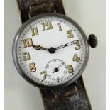 LARGE WWI PERIOD WRISTWATCH, white enamel dial with roman numerals, subsidiary seconds and cathedral