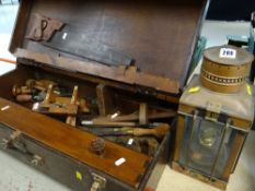 FITTED BOX CONTAINING VINTAGE CARPENTRY TOOLS and a copper kerosene lantern