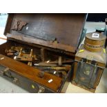 FITTED BOX CONTAINING VINTAGE CARPENTRY TOOLS and a copper kerosene lantern