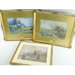 THREE WATERCOLOUR PAINTINGS comprising C. KIPLING, a pair - river meadow landscapes with cows, 24